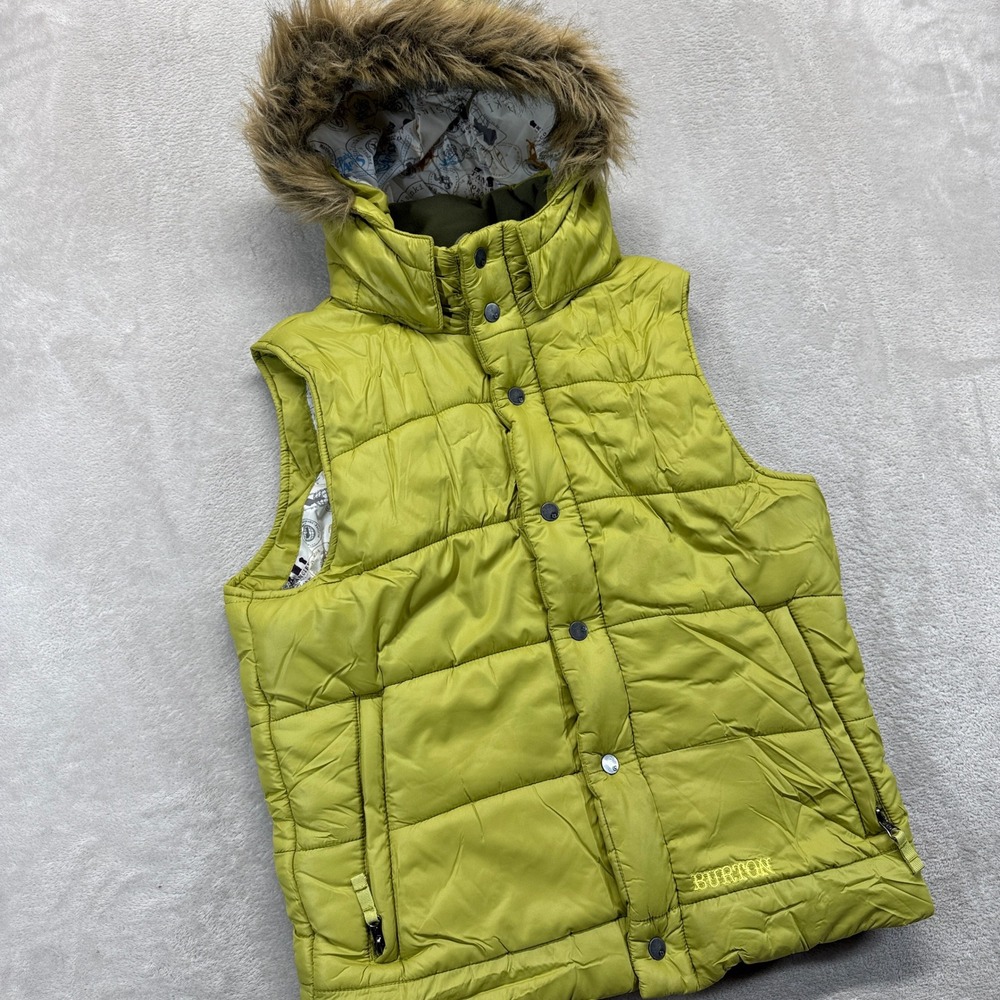 Burton Vest Women's Medium Dryride Puffer Hooded Fur Trim Padded Insulated Green